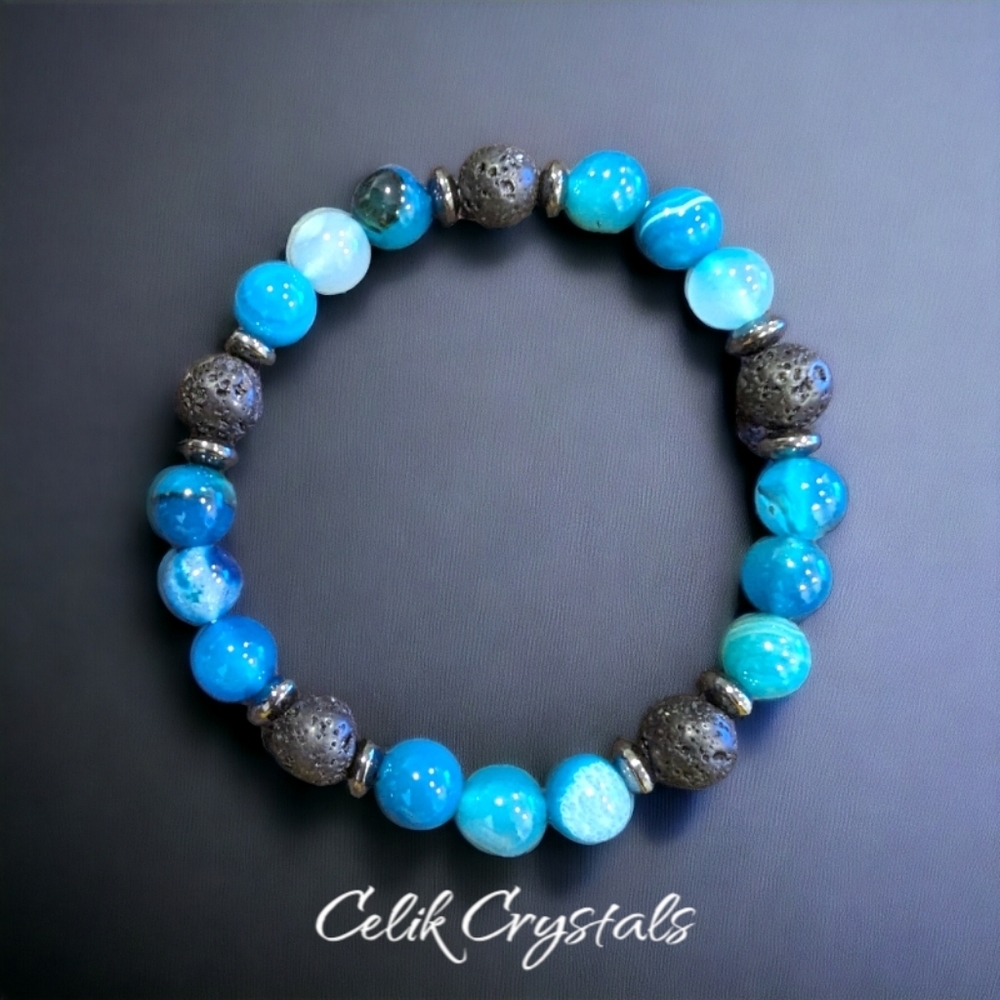 Blue Agate & Lava Bracelet - 8mm Unisex Stretch Bead Bracelet